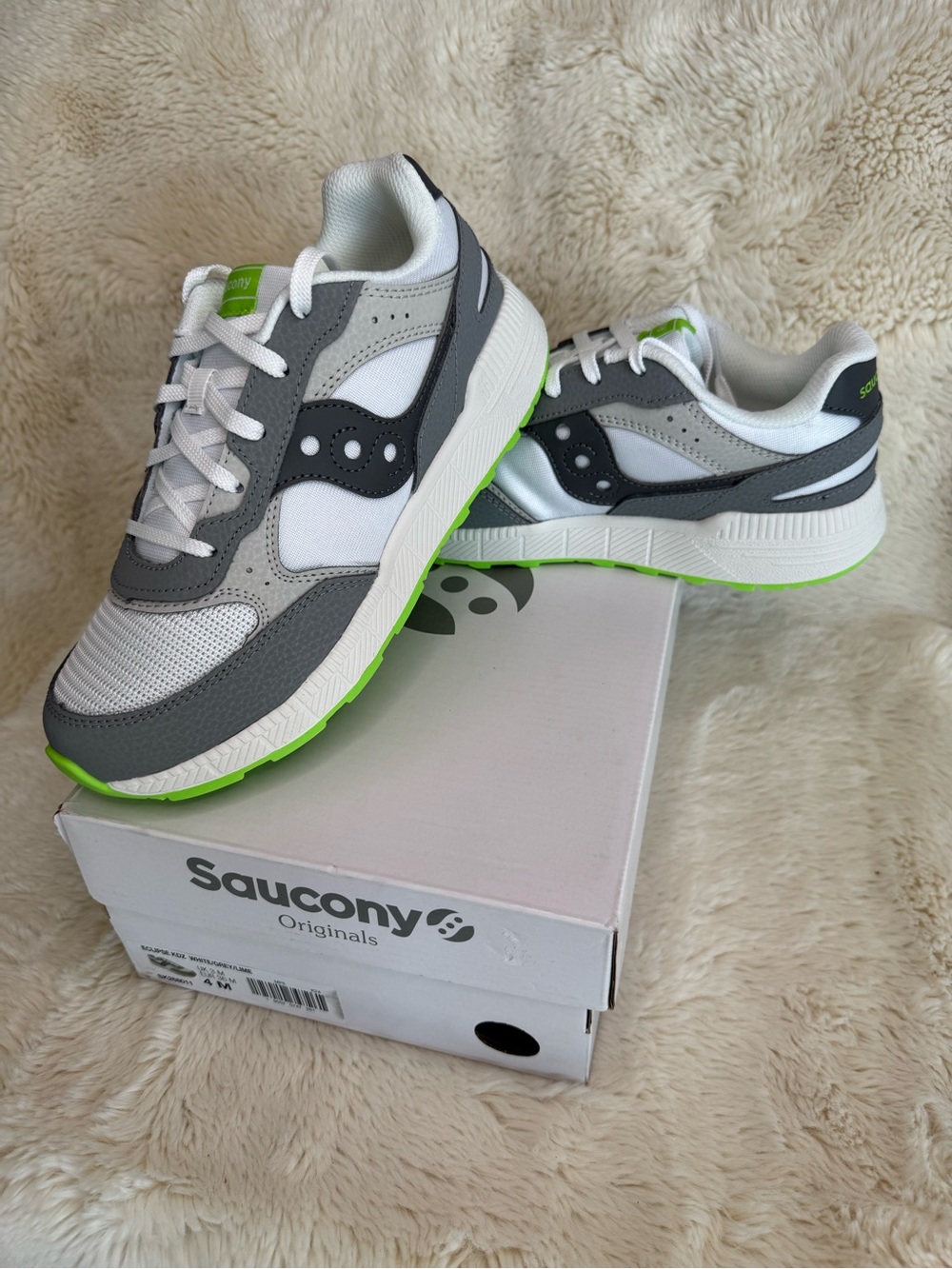 NWB Saucony Kids' Gray & White Athletic Sneakers with Neon Green Trim